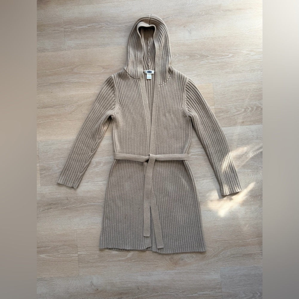 Y2K Vintage Old Navy Doen Cotton Hooded Cardigan Duster Belted Ribbed Sweater S